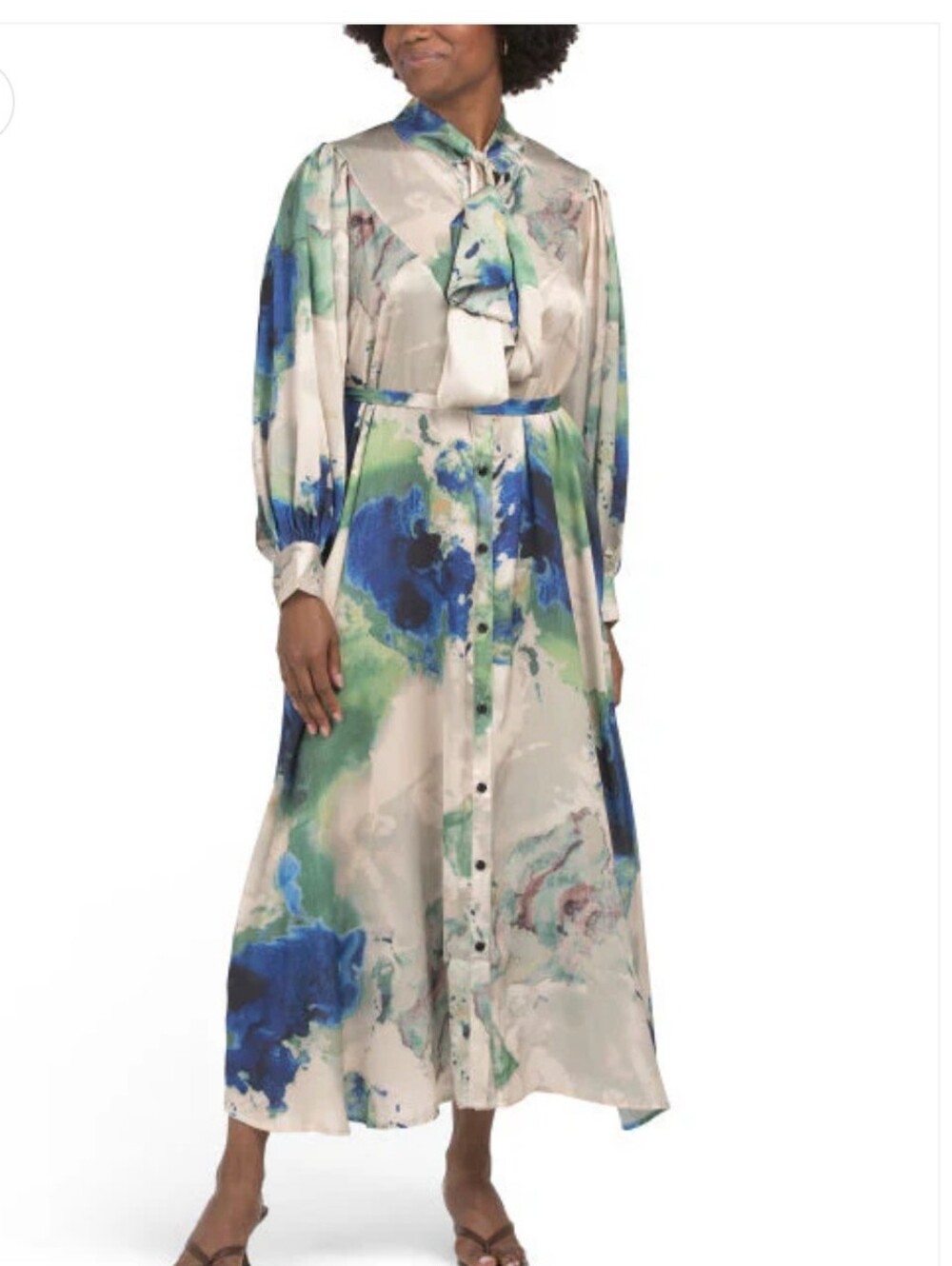 Satin Watercolor Tie-Neck Maxi Dress in Blue & Green